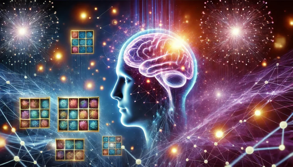 An artistic digital depiction of a luminous human head with an exposed glowing brain, surrounded by floating matching game tiles and neural networks, illustrating enhanced memory function and cognitive activity.