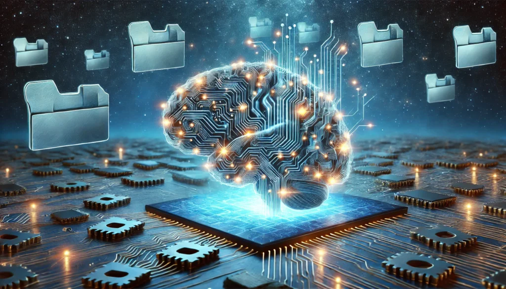 A surreal 3D rendering of a glowing brain maze with interconnected pathways resembling puzzle pieces, set against a deep blue space with floating digital memory cards, representing cognitive training and memory improvement.