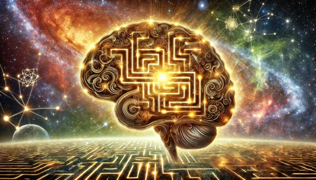 A surreal illustration of a glowing maze shaped like a human brain, with interconnected pathways illuminated in golden light, set against a cosmic background symbolizing deep cognitive engagement and problem-solving abilities.
