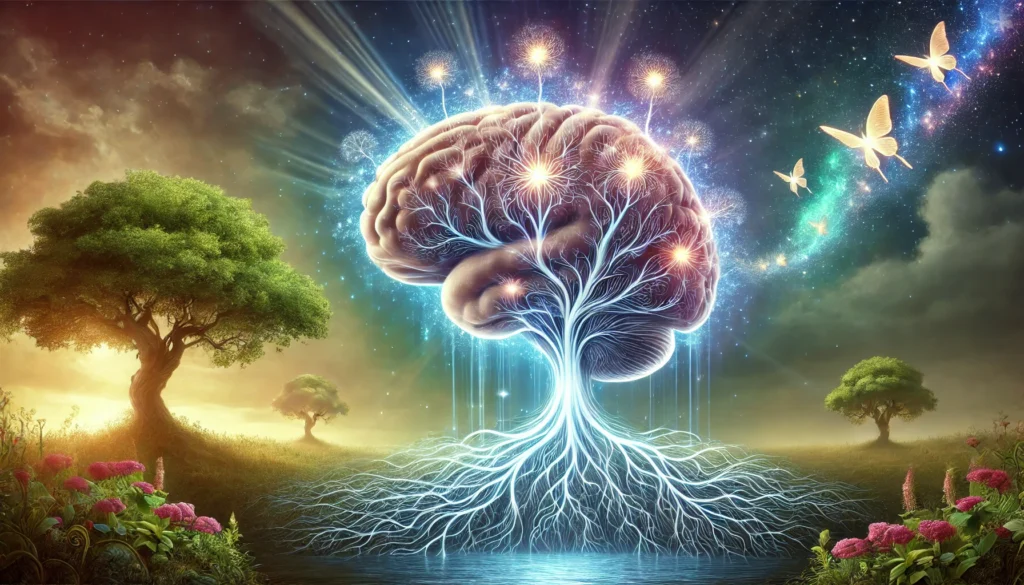A highly detailed illustration of a human brain transforming into a luminous tree, with glowing roots and branches symbolizing neural growth and cognitive expansion, set in a tranquil nature-inspired mystical atmosphere.