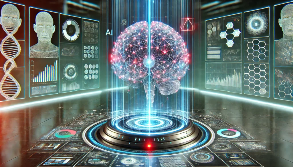 "A futuristic AI-powered brain scanning machine projecting holographic neural activity, displaying real-time cognitive analysis in a high-tech scientific setting."