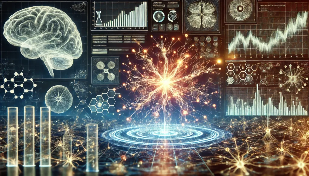 "A 3D-rendered glowing neural network with intricate synaptic connections, surrounded by futuristic scientific data streams and digital interfaces symbolizing neuroscience and technology."