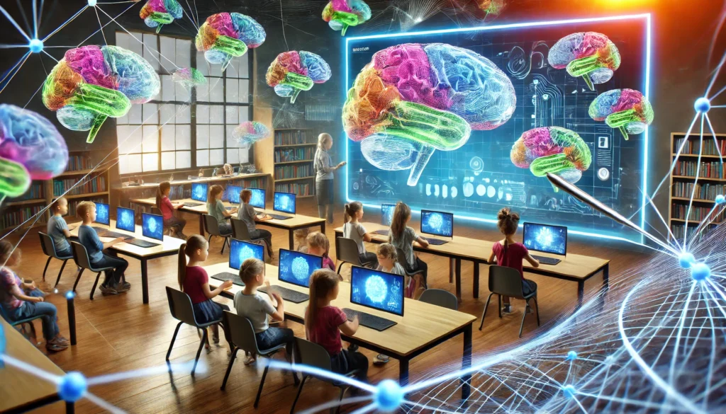 "A dynamic, futuristic classroom with children playing digital memory games on large interactive screens, surrounded by floating neural pathways and colorful, animated brain activity visuals, symbolizing cognitive development and learning."