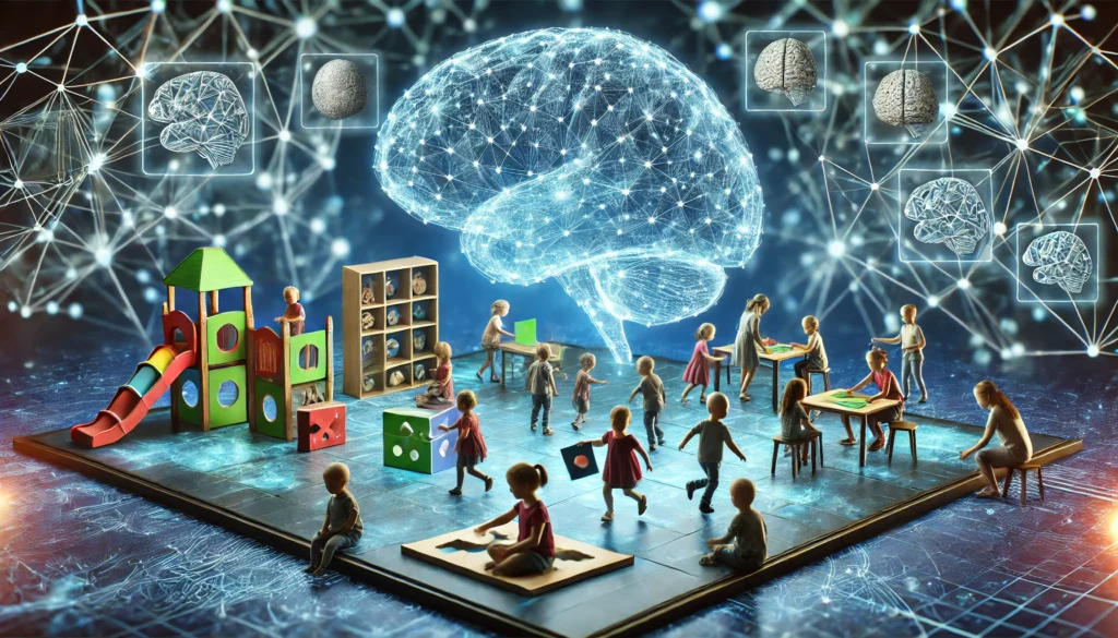 "A high-tech digital playground where children interact with floating memory cards and puzzle pieces, set against a glowing neural network backdrop, illustrating brain development and cognitive engagement."