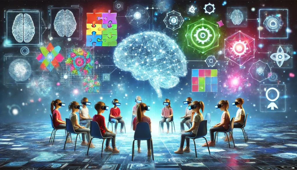"A futuristic virtual reality setting where children engage in interactive memory games, surrounded by floating puzzles, vibrant digital elements, and glowing brain activity visuals, emphasizing cognitive enhancement and learning."