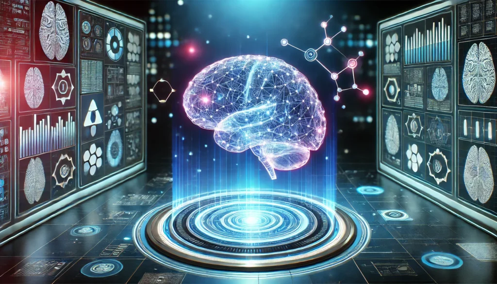 "A futuristic brain training laboratory with a glowing neural network floating in a holographic interface, illuminated by blue and purple lighting, representing cognitive stimulation, memory enhancement, and advanced neuroscience research."