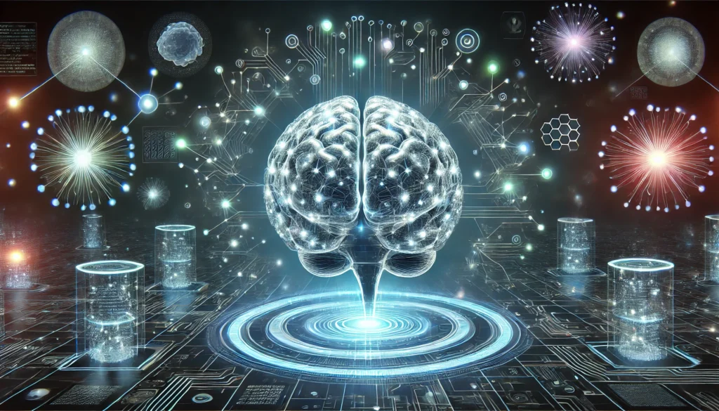 "An advanced AI-powered neural training simulation featuring a glowing 3D brain surrounded by holographic data streams and synaptic activity, conveying high-tech cognitive enhancement and digital brain training concepts."