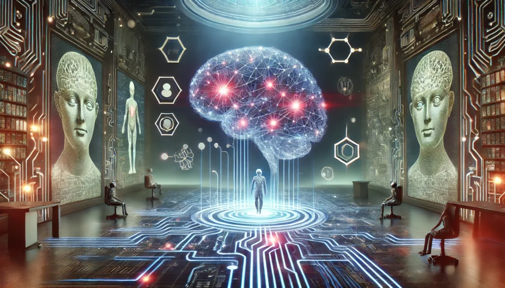 "An immersive virtual reality brain-training experience featuring a glowing neural network with interactive problem-solving elements, futuristic digital puzzles, and a complex maze of interconnected pathways symbolizing strategic thinking and cognitive enhancement."