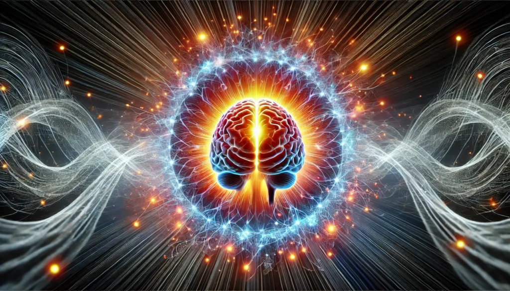 A conceptual artistic visualization of a glowing human brain surrounded by an intricate web of neural pathways, with vibrant energy waves radiating outward. The image symbolizes cognitive health, brain vitality, and optimal mental function.