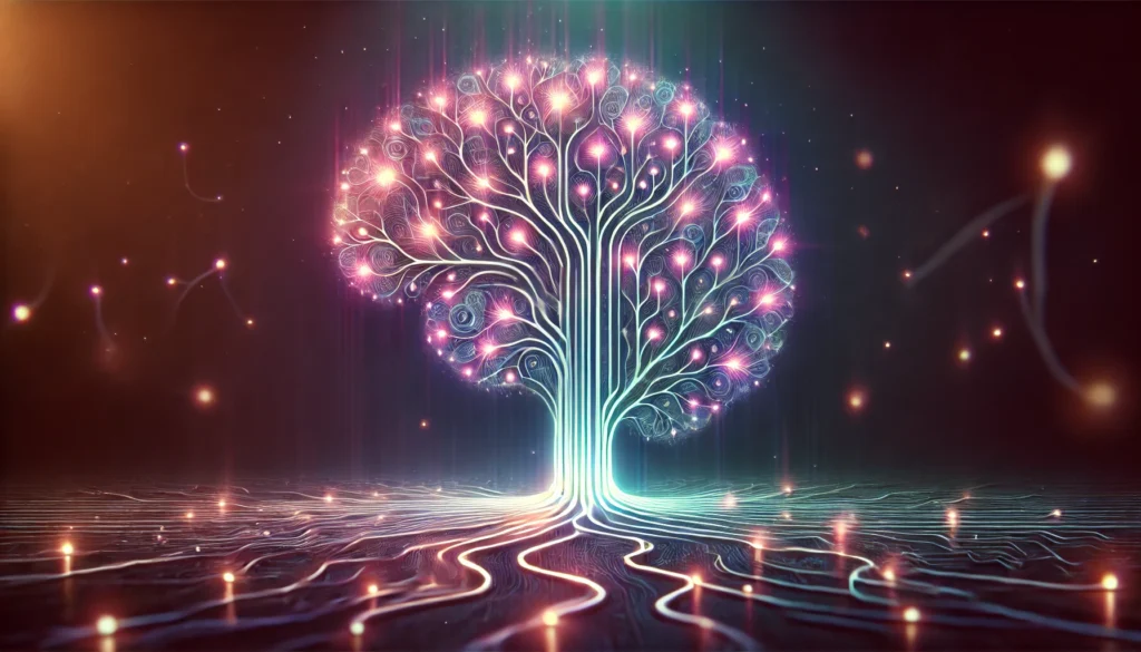 An artistic depiction of habit formation represented through glowing neural circuits branching like tree roots, illustrating cognitive reinforcement and learning enhancement.
