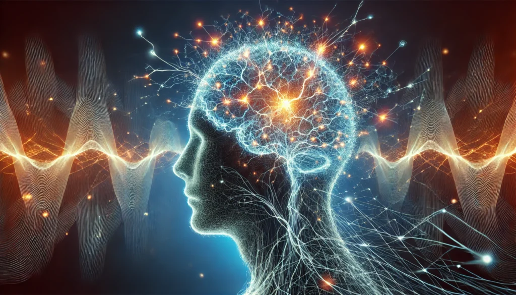 A conceptual digital artwork illustrating the strengthening of neural pathways through learning and habit formation, with a human head silhouette filled with glowing interconnected neural connections.