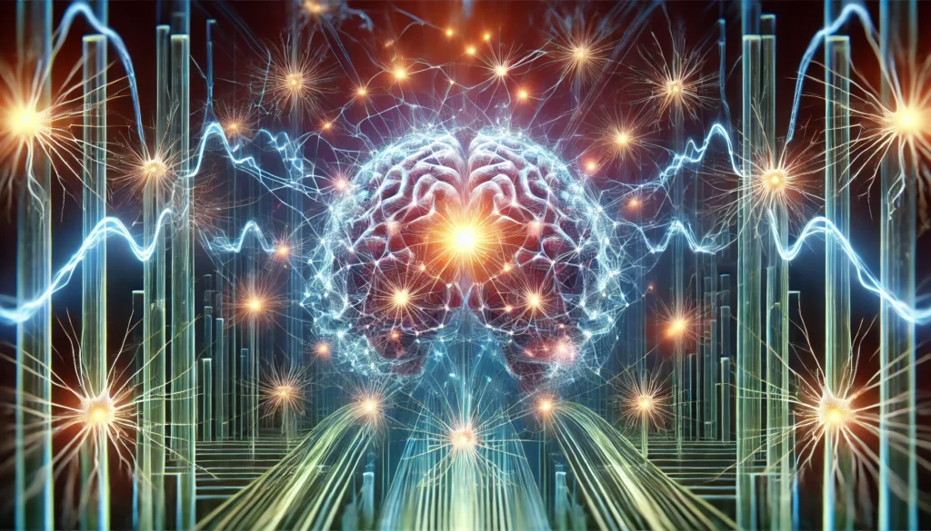 A surreal representation of habit formation and memory recall featuring a glowing interconnected web of neurons, with electrical impulses traveling through the neural network to reinforce cognitive strengthening and deep learning.