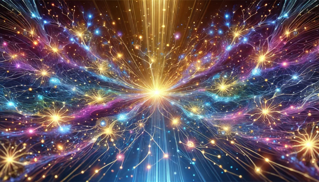 A vibrant digital painting depicting glowing synapses and neural pathways in shades of blue, gold, and purple, symbolizing habit-breaking and cognitive transformation. The cosmic-inspired background represents the limitless potential of memory and neuroplasticity.