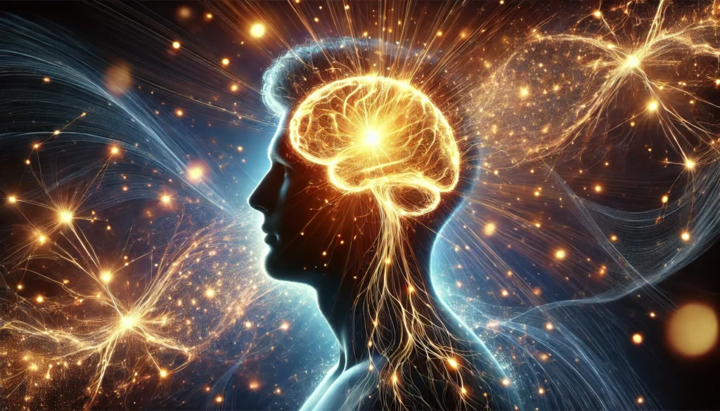 A conceptual illustration of a human silhouette with an illuminated brain, surrounded by radiant neural pathways and energy waves. The glowing golden neural connections contrast with a deep blue background, symbolizing cognitive transformation, habit formation, and memory recall.