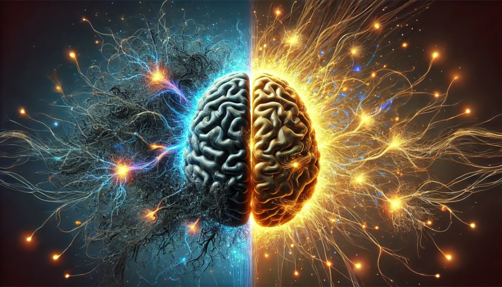 A surreal depiction of a brain transitioning from tangled, chaotic neural pathways to structured, glowing connections in golden and electric blue hues. The left side appears disorganized, while the right side is illuminated, symbolizing cognitive clarity, habit transformation, and improved memory function.