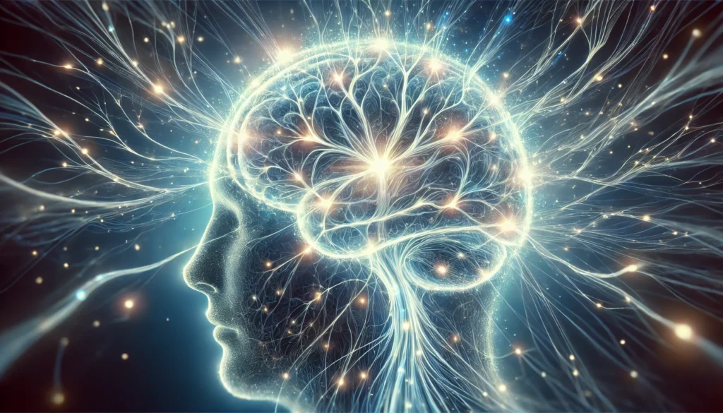 A surreal representation of a glowing human brain with intricate neural pathways forming and connecting. Soft blue light highlights the energy flow between synapses, representing the reinforcement of memory and cognitive function.