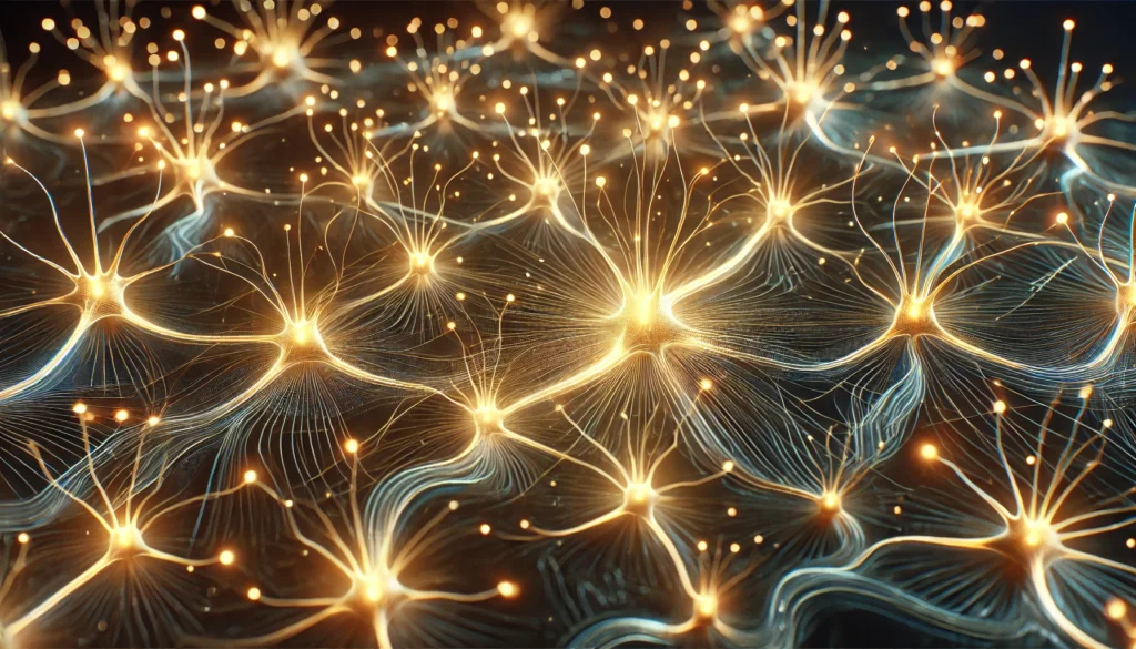 A conceptual visualization of habit formation in the brain, showing glowing neuron connections in a structured, intricate pattern. Golden light illuminates the synapses, representing the strengthening of memory pathways through repeated learning and practice.