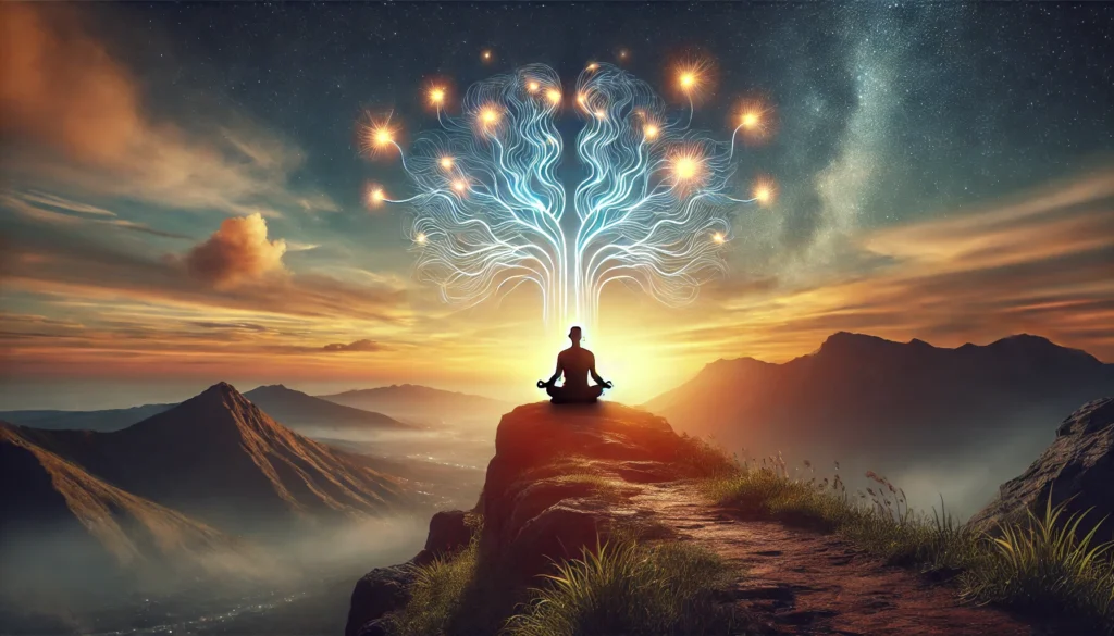 A person meditating on a mountaintop at sunrise, with glowing neural connections around their head, symbolizing mindfulness and cognitive clarity against a peaceful nature backdrop