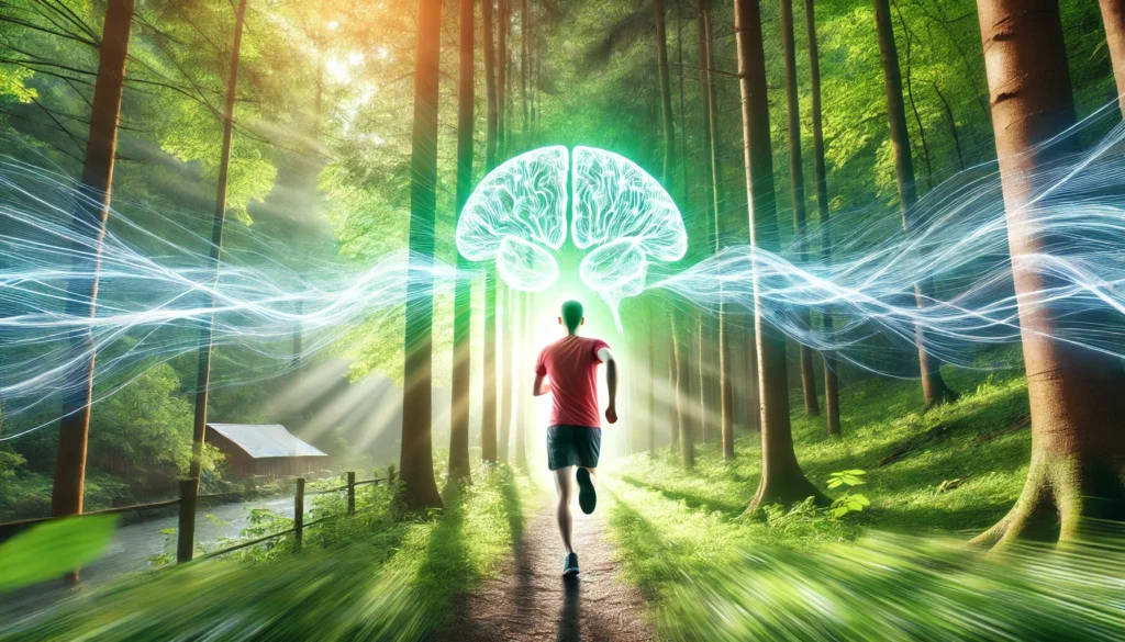 A person jogging through a lush green forest with glowing energy waves symbolizing neural activity, illustrating the link between physical exercise and cognitive enhancement