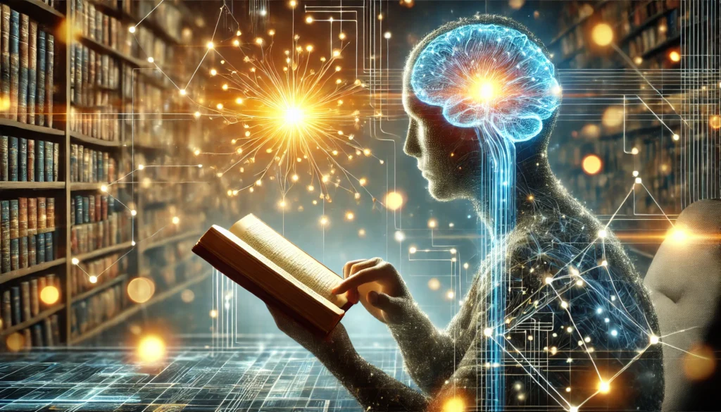 A person reading a book in a high-tech environment, surrounded by glowing holographic neural pathways, symbolizing knowledge absorption and cognitive expansion.