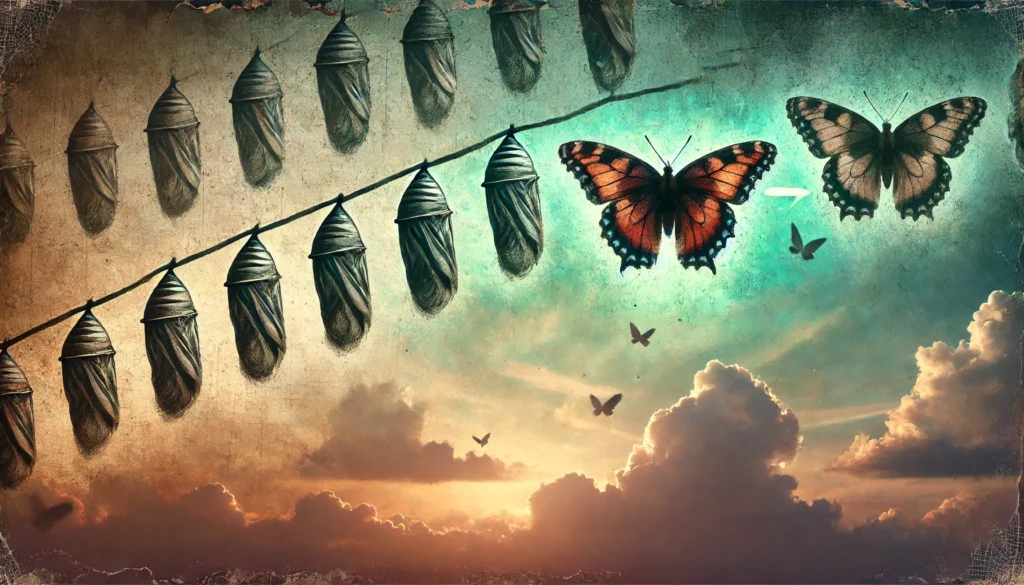 A symbolic representation of a butterfly emerging from a cocoon, shown in a sequence of transformation stages. The background transitions from a dull, muted tone to a vibrant, colorful sky, representing the gradual process of personal change and growth.