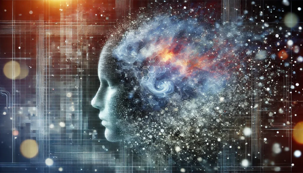 A futuristic conceptual depiction of a human face dissolving into particles and reforming into a new shape, symbolizing the fluid and dynamic nature of personal transformation. The background merges abstract digital patterns with organic textures, illustrating the fusion of thoughts, experiences, and evolution.