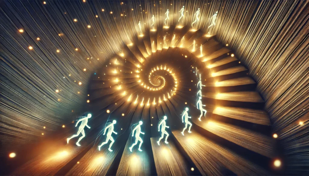 A surreal representation of habit formation using a spiral staircase with glowing footsteps appearing step by step, symbolizing gradual progress and repetition. The lighting intensifies from bottom to top, illustrating the strengthening of neural pathways and habit mastery. The scene combines warm lights and deep shadows to evoke a sense of persistence and growth