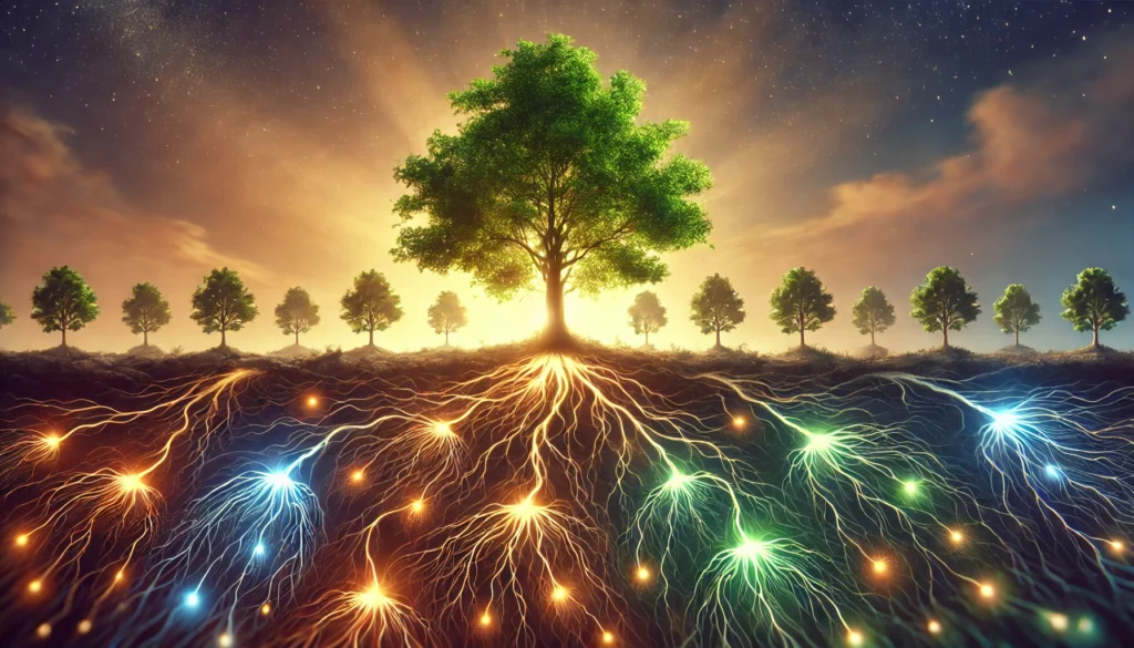 An artistic visualization of habit formation represented by a tree growing over time, with small saplings gradually developing into a strong, fully grown tree. The roots subtly glow, symbolizing deep neural connections being established. The scene is bathed in warm sunrise hues and cool greens, evoking a sense of patience and natural progression