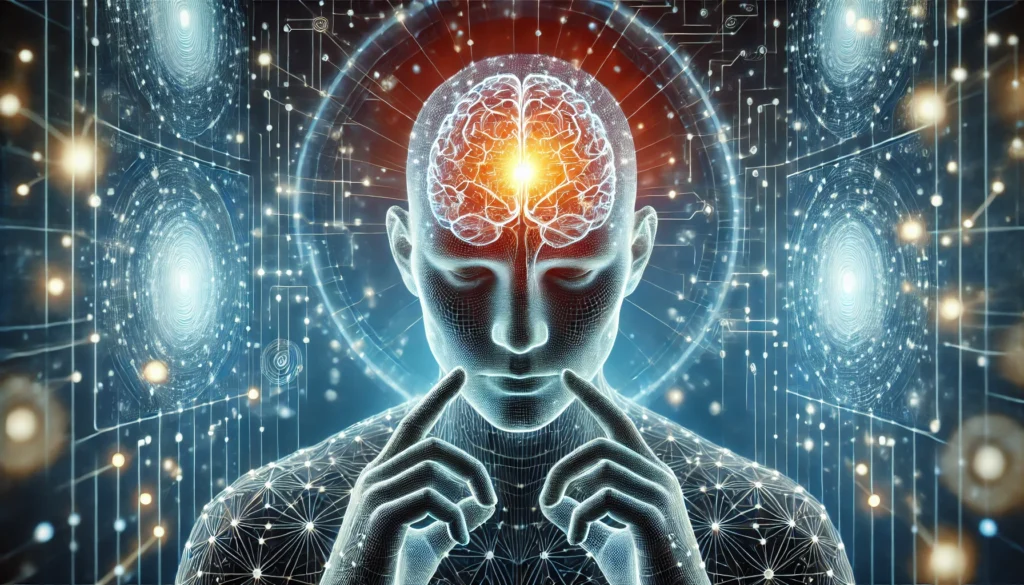 A human figure in a futuristic environment with a glowing brain and visible neural pathways, surrounded by abstract digital patterns representing brain patterning