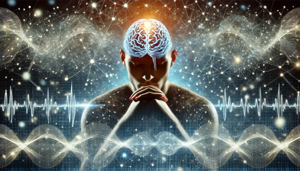 A human in deep concentration, enveloped by intricate, glowing neural connections and brainwave patterns, symbolizing cognitive enhancement through human pattern recognition