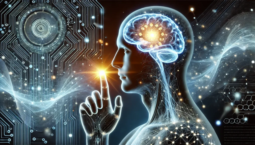 A futuristic human with a glowing brain and illuminated neural pathways, engaging with a digital interface displaying abstract patterns, representing the connection between brain patterning and cognitive function