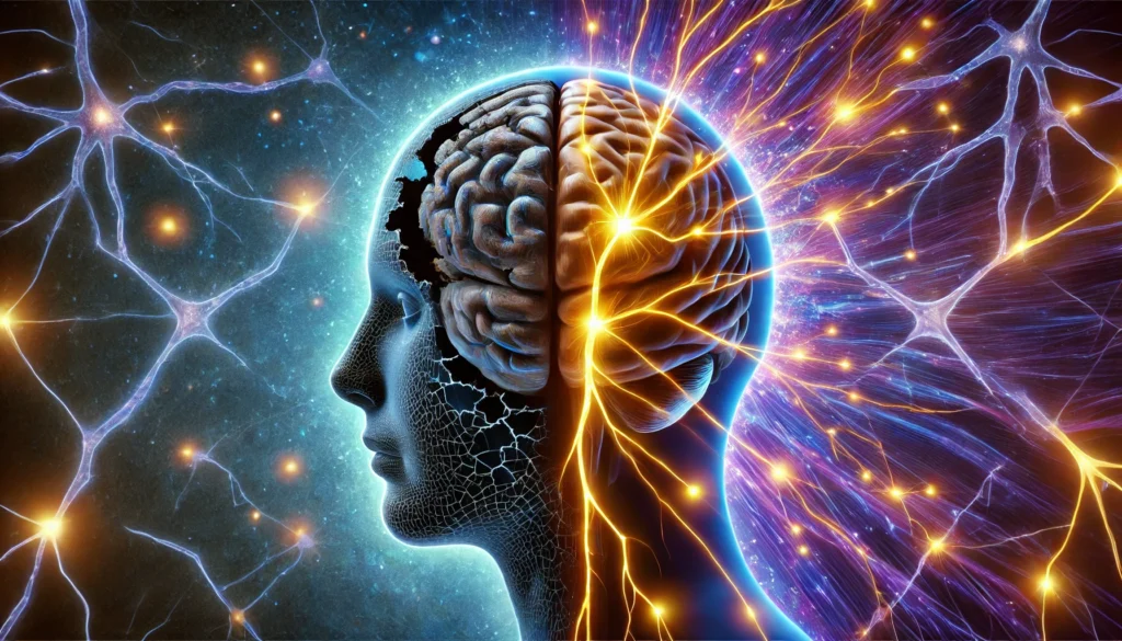A conceptual representation of breaking bad habits through neural rewiring. A human brain with fractured dark pathways is replaced by glowing golden neural connections, symbolizing the shift from negative habits to cognitive improvement