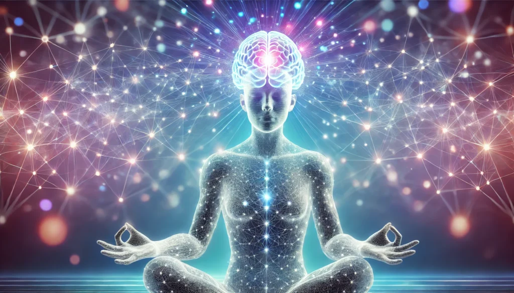 A futuristic visualization of a meditating person with a luminous neural network radiating from their brain, symbolizing mindfulness, cognitive enhancement, and the power of habit transformation. The background features energy waves connecting neurons