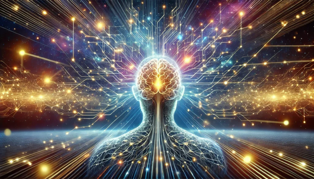 A surreal representation of neural pathway strengthening, showing an abstract human brain made of interconnected glowing lines and circuits. The cosmic background with beams of light symbolizes memory enhancement, focus, and habit transformation