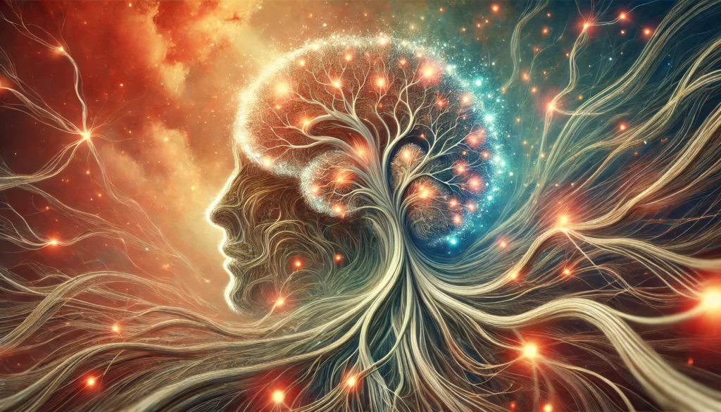 A surreal visualization of a human brain made of intertwining tree roots and luminous synapses, representing cognitive growth, habit formation, and neural pathway development