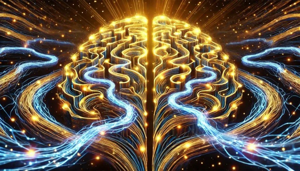 An artistic depiction of neurons transforming into a glowing labyrinth, illustrating the reinforcement of habits, neural adaptation, and cognitive strength