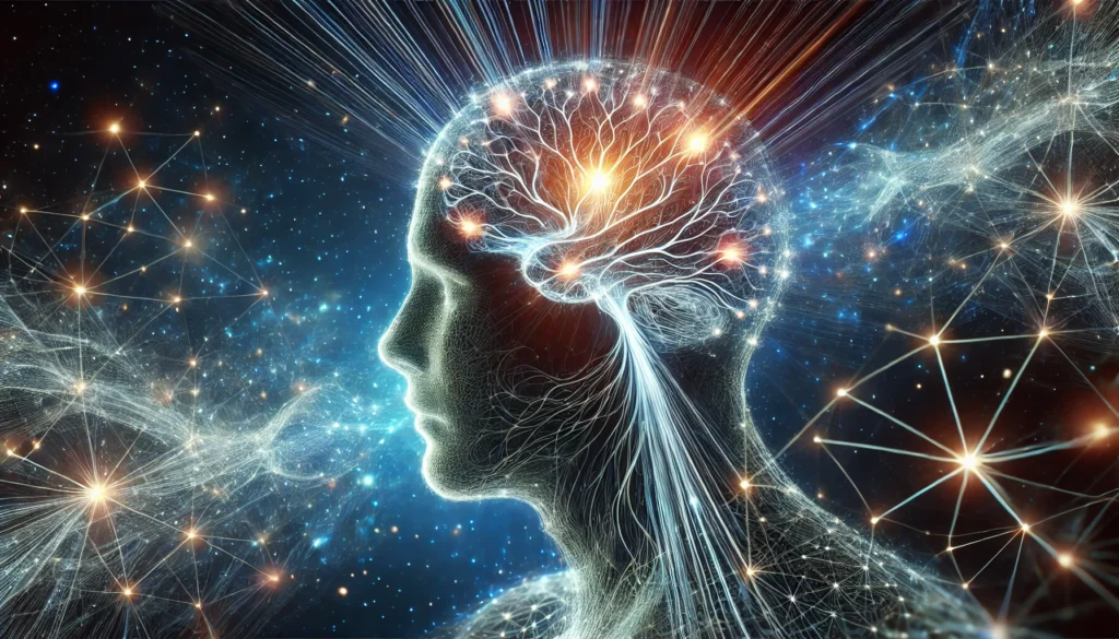 A futuristic representation of a human silhouette with radiant energy lines forming an intricate brain network, symbolizing neural pathway strengthening, habit reinforcement, and memory retention