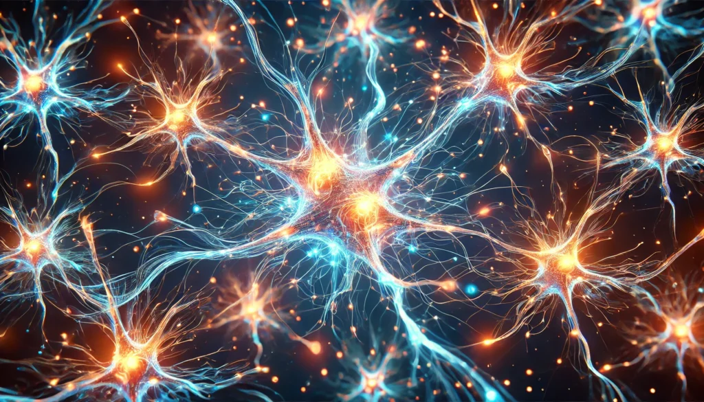 An artistic depiction of neurons firing in an electric blue and orange color scheme, symbolizing learning, habit formation, and strengthened neural connections