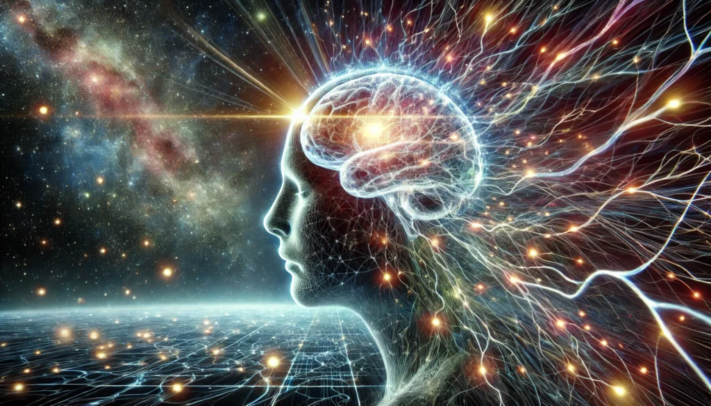 A surreal image of a human head dissolving into a web of glowing neural pathways, representing neuroplasticity, habit transformation, and cognitive potential