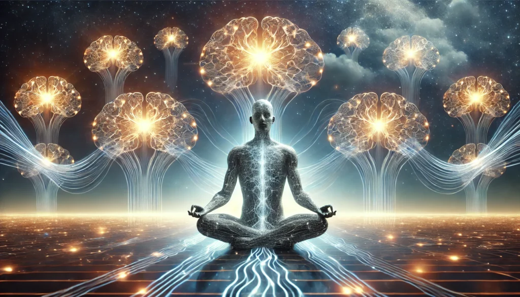 A futuristic portrayal of a meditating person with glowing neural pathways, illustrating mindfulness, mental clarity, and the reinforcement of positive habits
