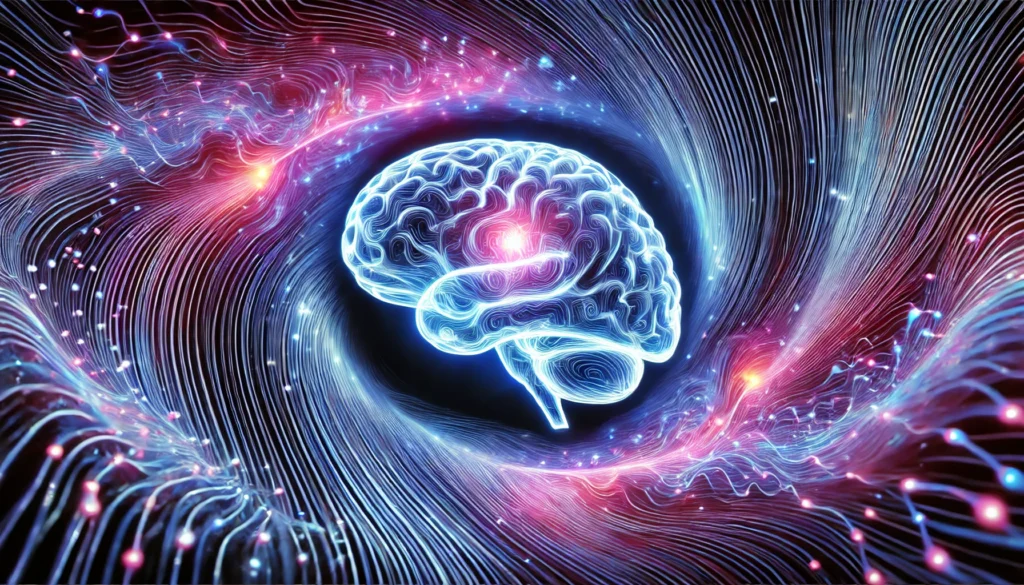 An abstract representation of habit-driven memory enhancement, showing a glowing brain surrounded by a vortex of neural signals, symbolizing mental resilience and learning