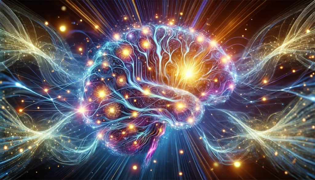 An artistic rendering of a glowing human brain with intricate neural connections forming luminous patterns, highlighting the role of habit formation in memory strengthening. The futuristic design showcases intelligence, cognition, and enhanced recall.