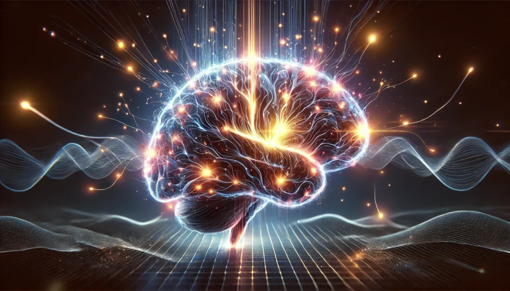 A surreal digital rendering of an illuminated brain forming new neural connections, emphasizing neuroplasticity and memory recall. The glowing energy pulses depict the transformative power of habit in enhancing cognitive performance.