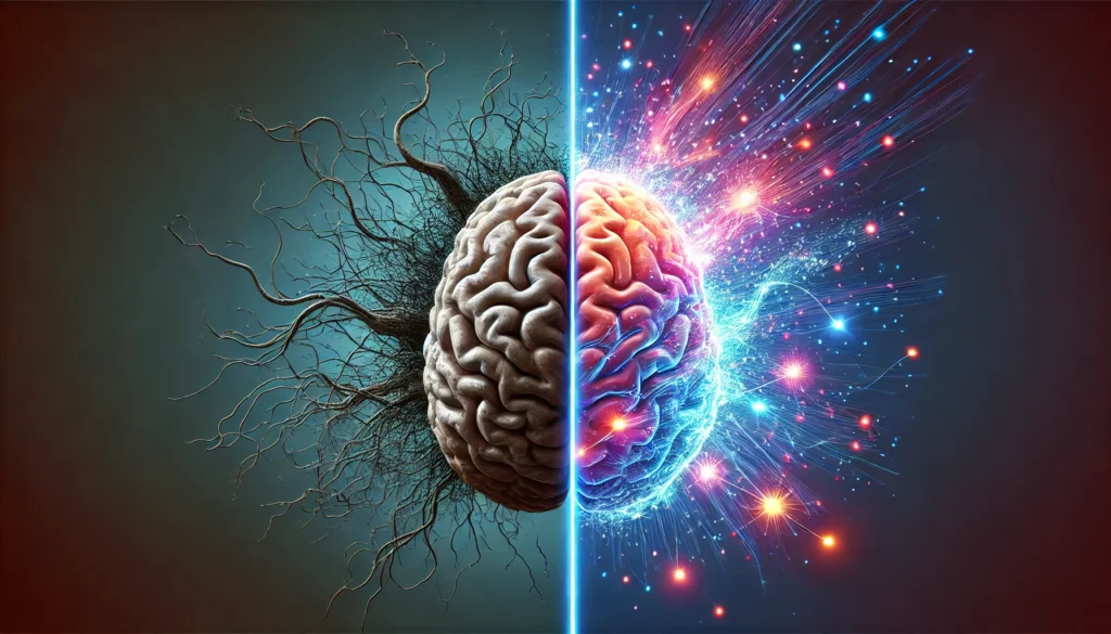 A conceptual visualization of brain recovery, showing a damaged brain on the left transitioning into a vibrant neural network on the right, representing cognitive healing
