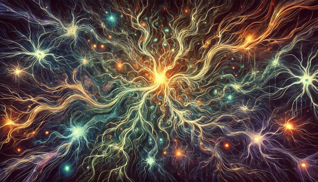 An artistic illustration of tangled, weakened neural pathways in dark hues, contrasted with a few glowing healthy connections, symbolizing resilience and hope.