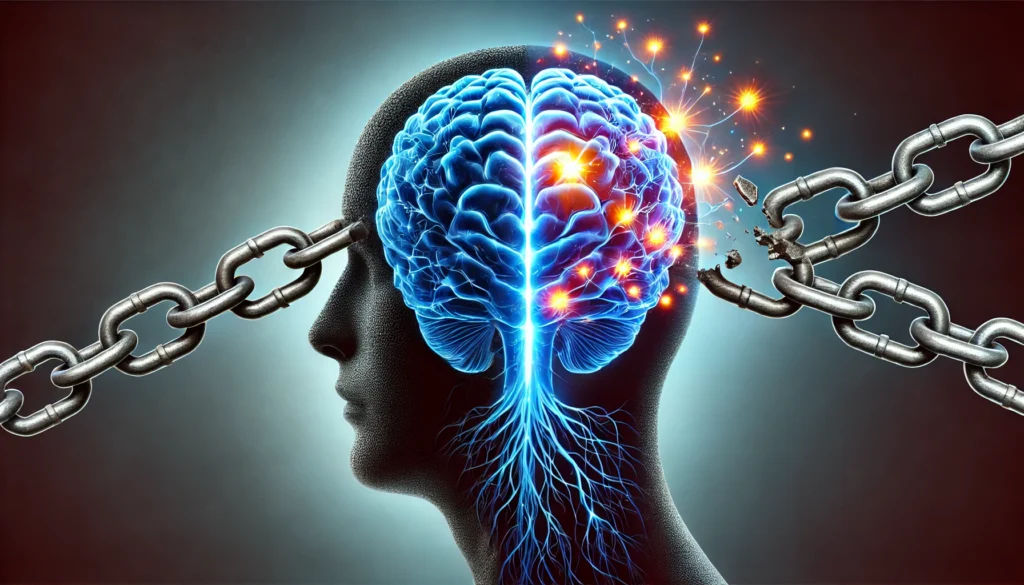 A symbolic representation of breaking free from unhealthy habits, showing a human head with neural connections wrapped in chains, which break apart to reveal a glowing, healthy brain
