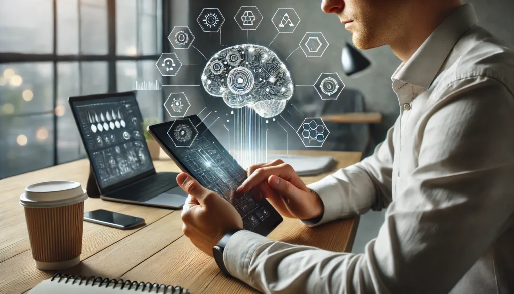 A person using a digital brain-training app on a tablet in a modern, minimalistic workspace. The scene conveys mental stimulation, cognitive improvement, and focus, highlighting technology-assisted brain training.