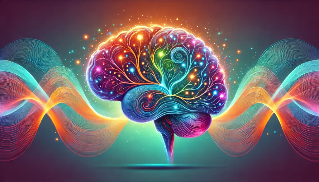 Glowing brain with vibrant interconnected neural pathways surrounded by colorful swirling waves, representing strengthened neural connections, enhanced memory, and cognitive development through study techniques.