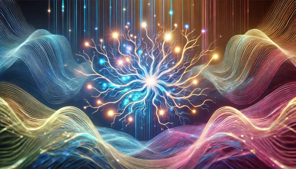 Interconnected glowing neurons forming a complex network with soft colorful waves, illustrating improved learning, knowledge retention, and cognitive growth through effective study habits.