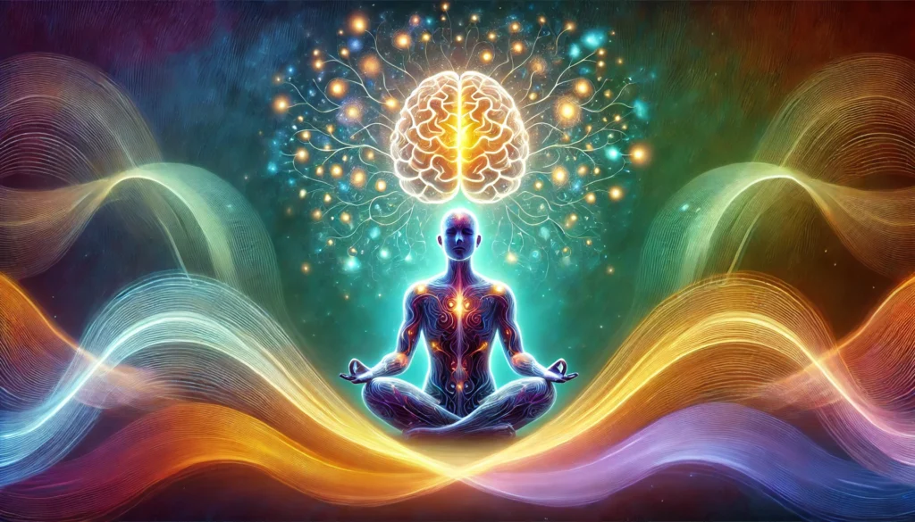 Person meditating with a glowing brain and illuminated neural pathways extending outward, surrounded by colorful waves symbolizing enhanced memory, cognitive clarity, and academic improvement through mindful study practices.